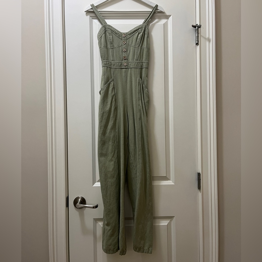 Japna Olive Button-Front Jumpsuit